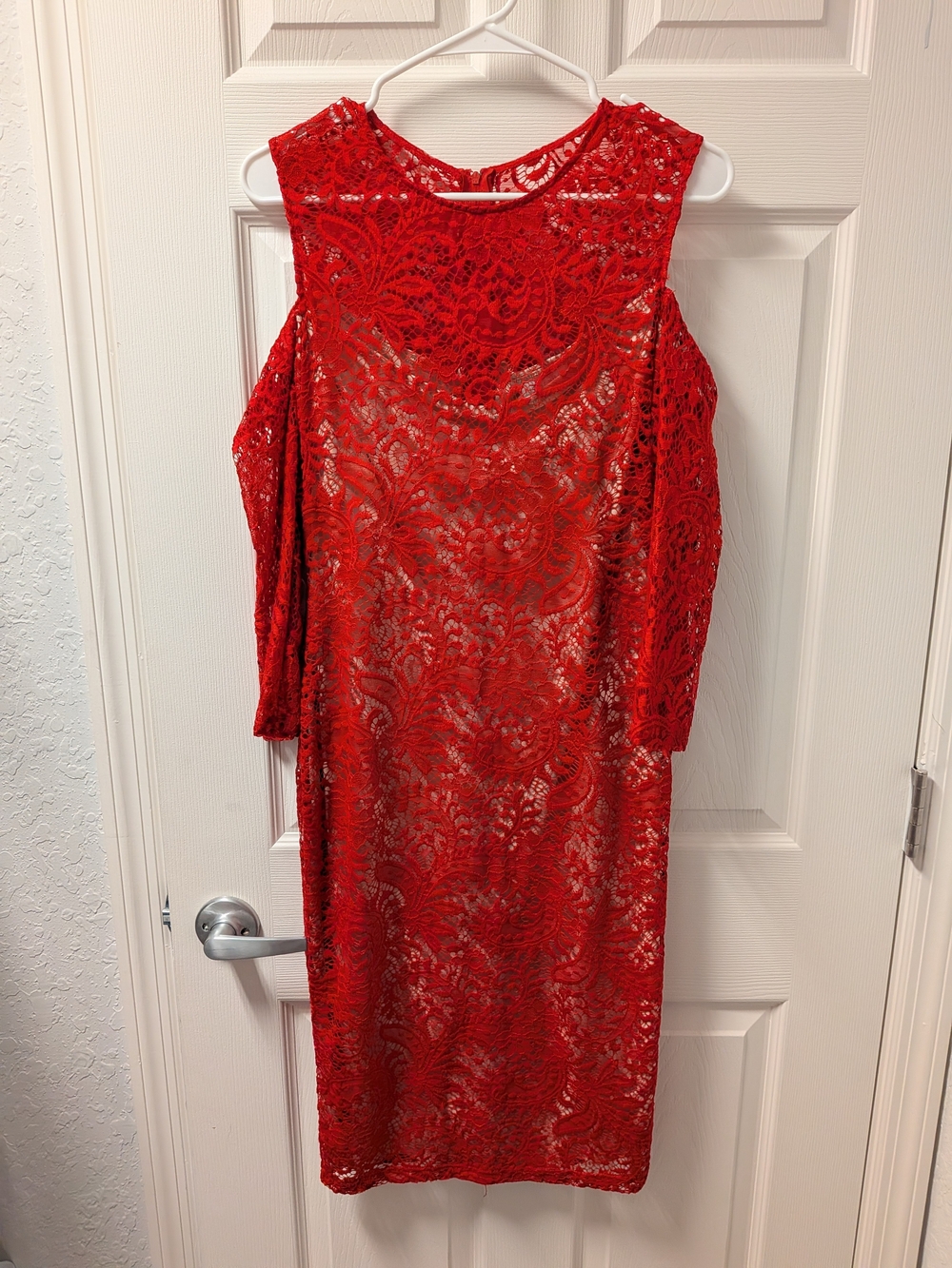 Bisou Bisou Red Lace Cold-Shoulder Midi Dress